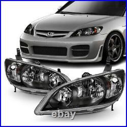Left+Right For 04-05 Honda Civic Coupe/Sedan BLACK Factory Style Headlight Lamp